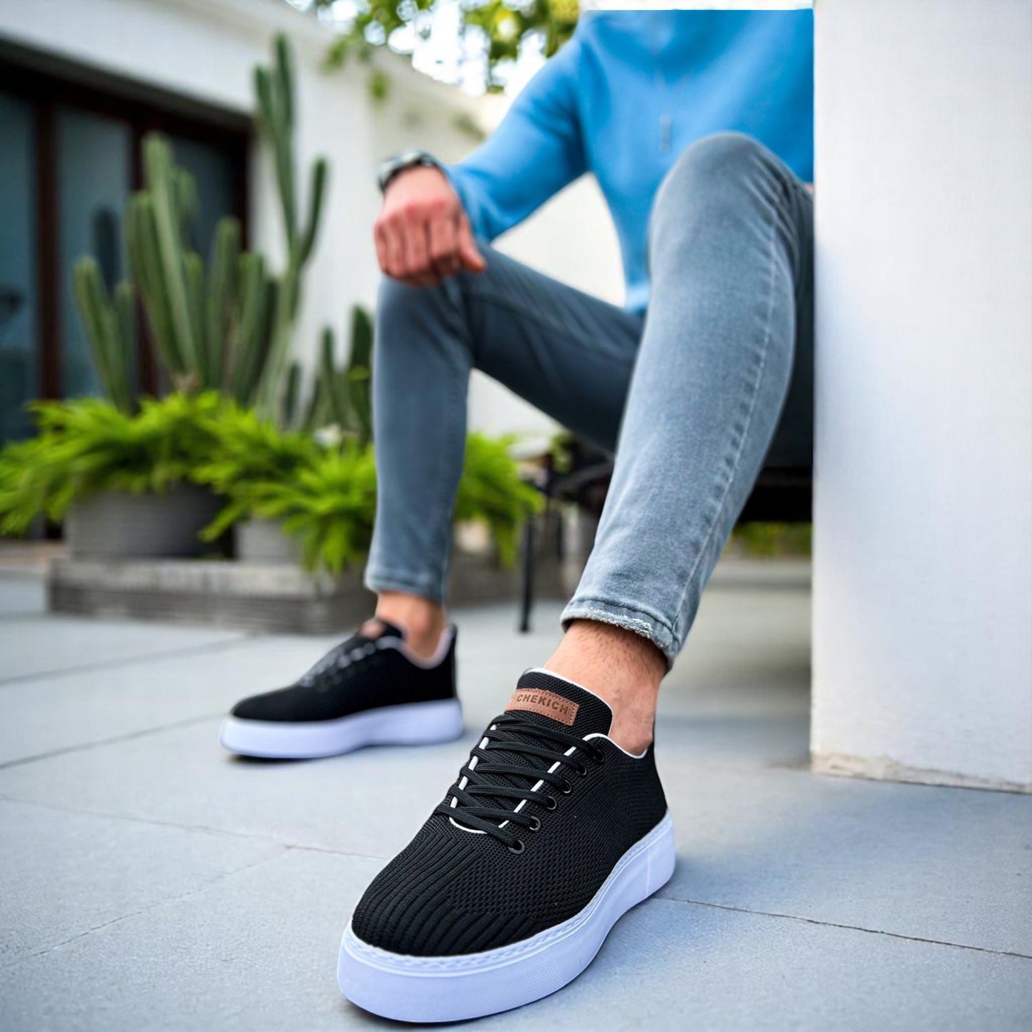 Modern Detailed Black Lace Sneakers with White Rubber Bottom - Casual Fit Shoes - B/W-413