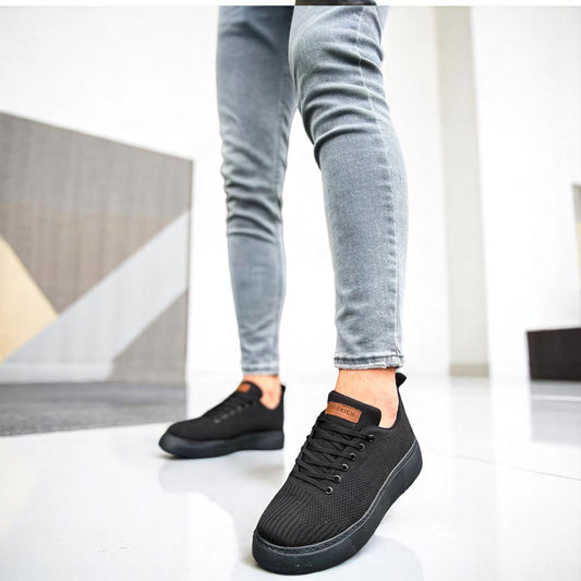 Modern Detailed Black Sneakers with Blackest Black Rubber Bottom -  Casual Fit Shoes - B-413