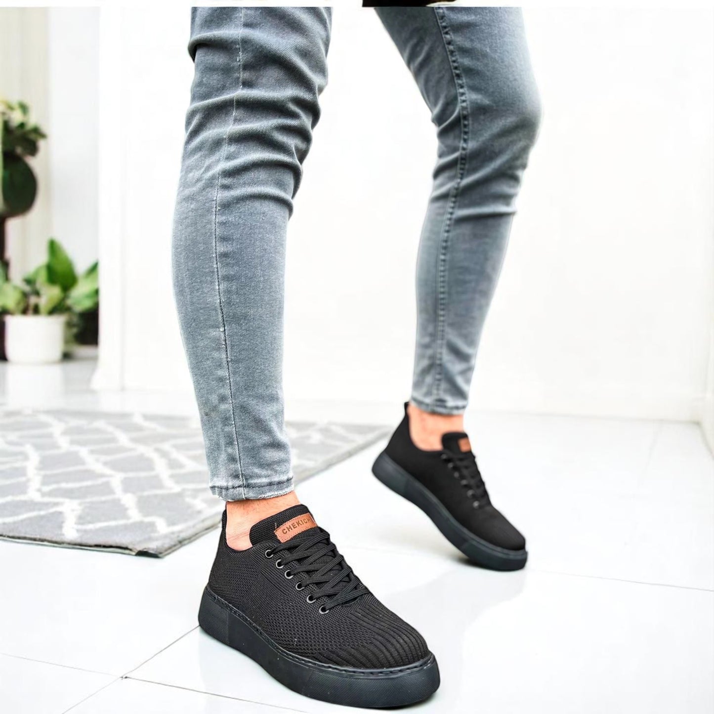 Modern Detailed Black Sneakers with Blackest Black Rubber Bottom -  Casual Fit Shoes - B-413