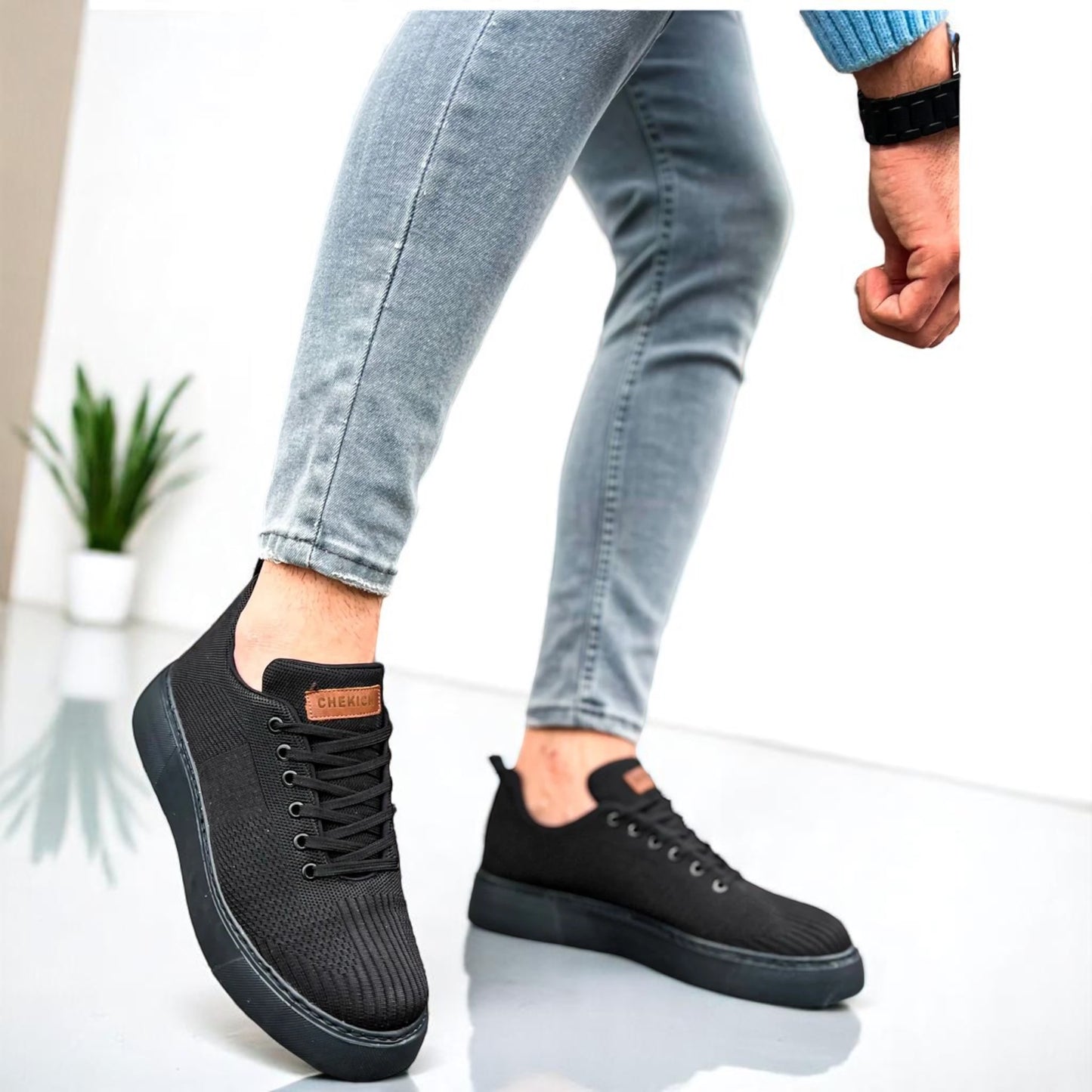 Modern Detailed Black Sneakers with Blackest Black Rubber Bottom -  Casual Fit Shoes - B-413