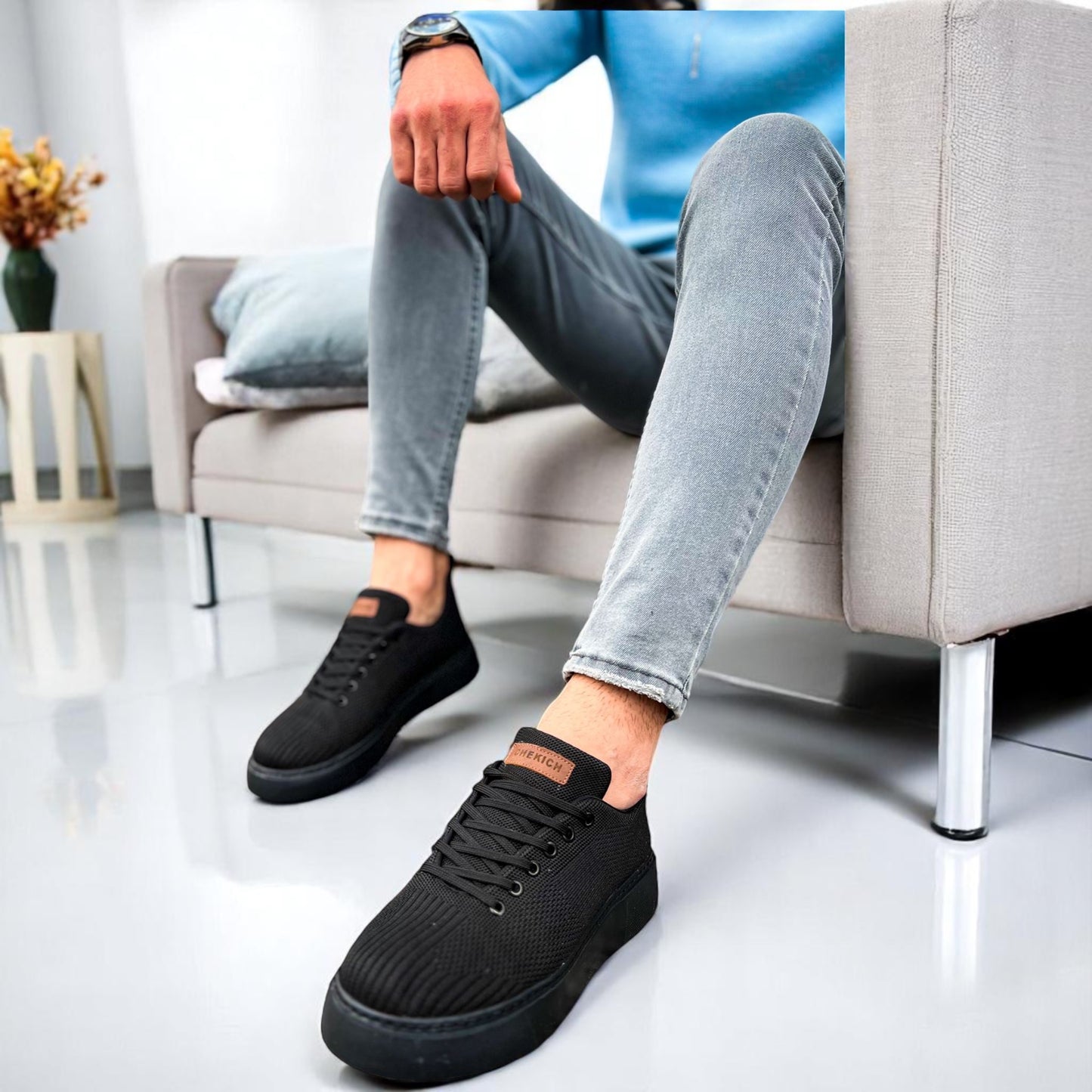 Modern Detailed Black Sneakers with Blackest Black Rubber Bottom -  Casual Fit Shoes - B-413