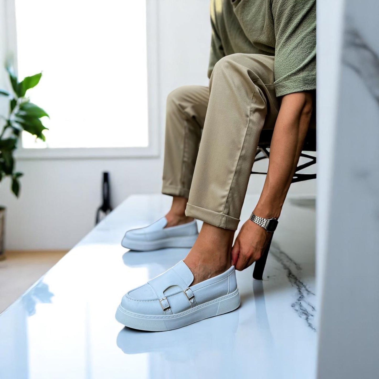 White Stylish Men Sneakers with Modern Details on the Side - W-417