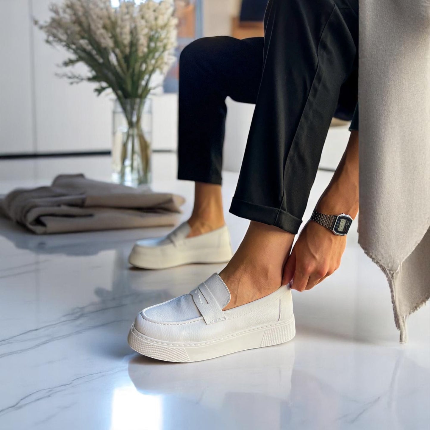 White -Height Increase - Men Sneakers with Modern Details  - W-217