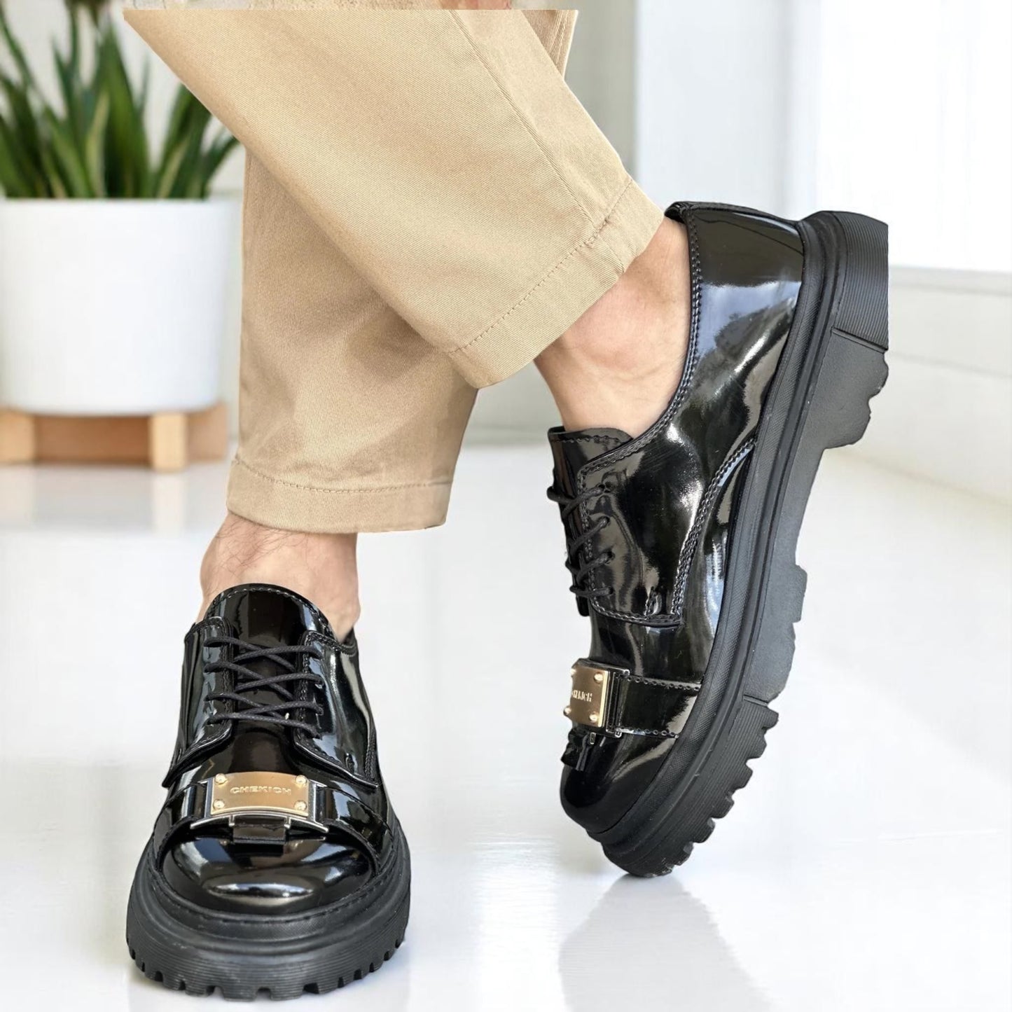 Shiny  Metal Detailed Black - Height Increase - Men Casual Shoes - R-2402
