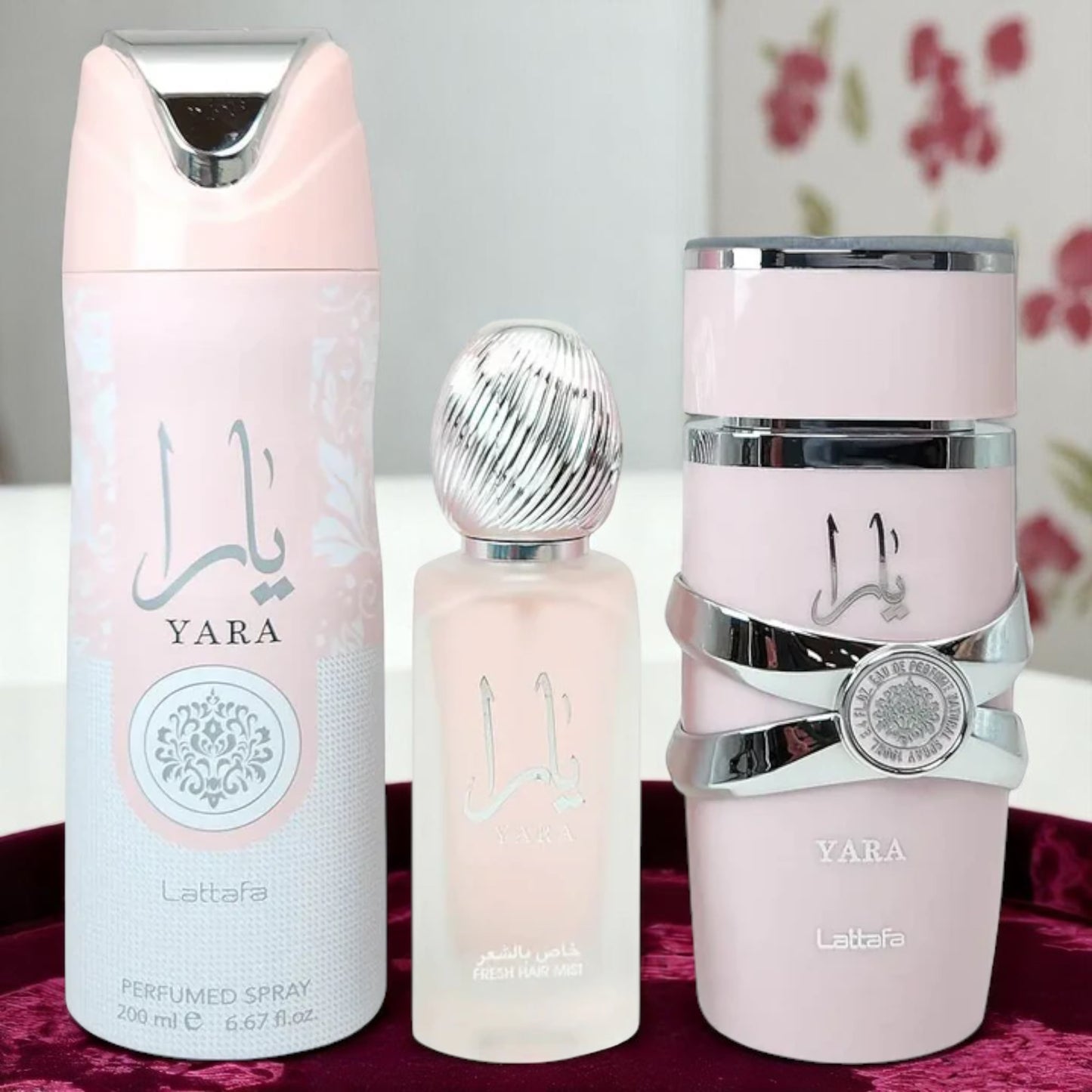 Lattafa Yara 3 Pieces Gift Set for Women - Size: 3.4 oz / 100 ml EDP Spray; 1.7 oz / 50 ml Fresh Hair Mist; 6.67 oz / 200 ml Perfumed Spray