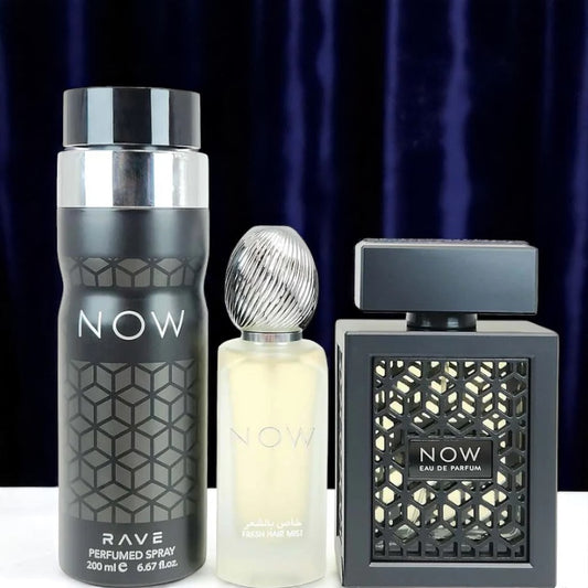 Rave Now 3 Pcs Gift Set for Men -Size: 3.4 oz / 100 ml EDP Spray; 1.7 oz / 50 ml Fresh Hair Mist; 6.67 oz / 200 ml Perfumed Spray