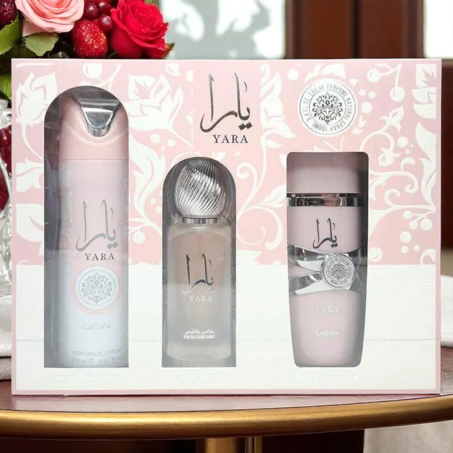 Lattafa Yara 3 Pieces Gift Set for Women - Size: 3.4 oz / 100 ml EDP Spray; 1.7 oz / 50 ml Fresh Hair Mist; 6.67 oz / 200 ml Perfumed Spray