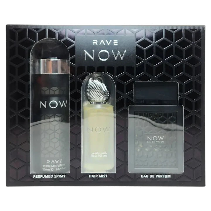 Rave Now 3 Pcs Gift Set for Men -Size: 3.4 oz / 100 ml EDP Spray; 1.7 oz / 50 ml Fresh Hair Mist; 6.67 oz / 200 ml Perfumed Spray