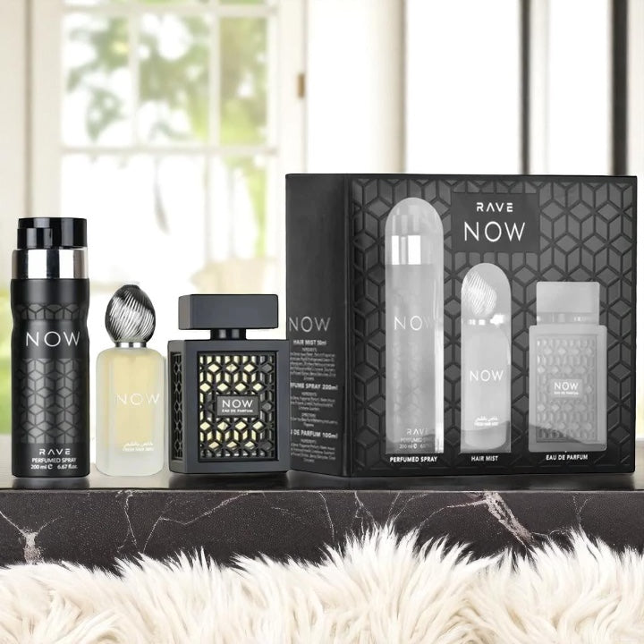 Rave Now 3 Pcs Gift Set for Men -Size: 3.4 oz / 100 ml EDP Spray; 1.7 oz / 50 ml Fresh Hair Mist; 6.67 oz / 200 ml Perfumed Spray