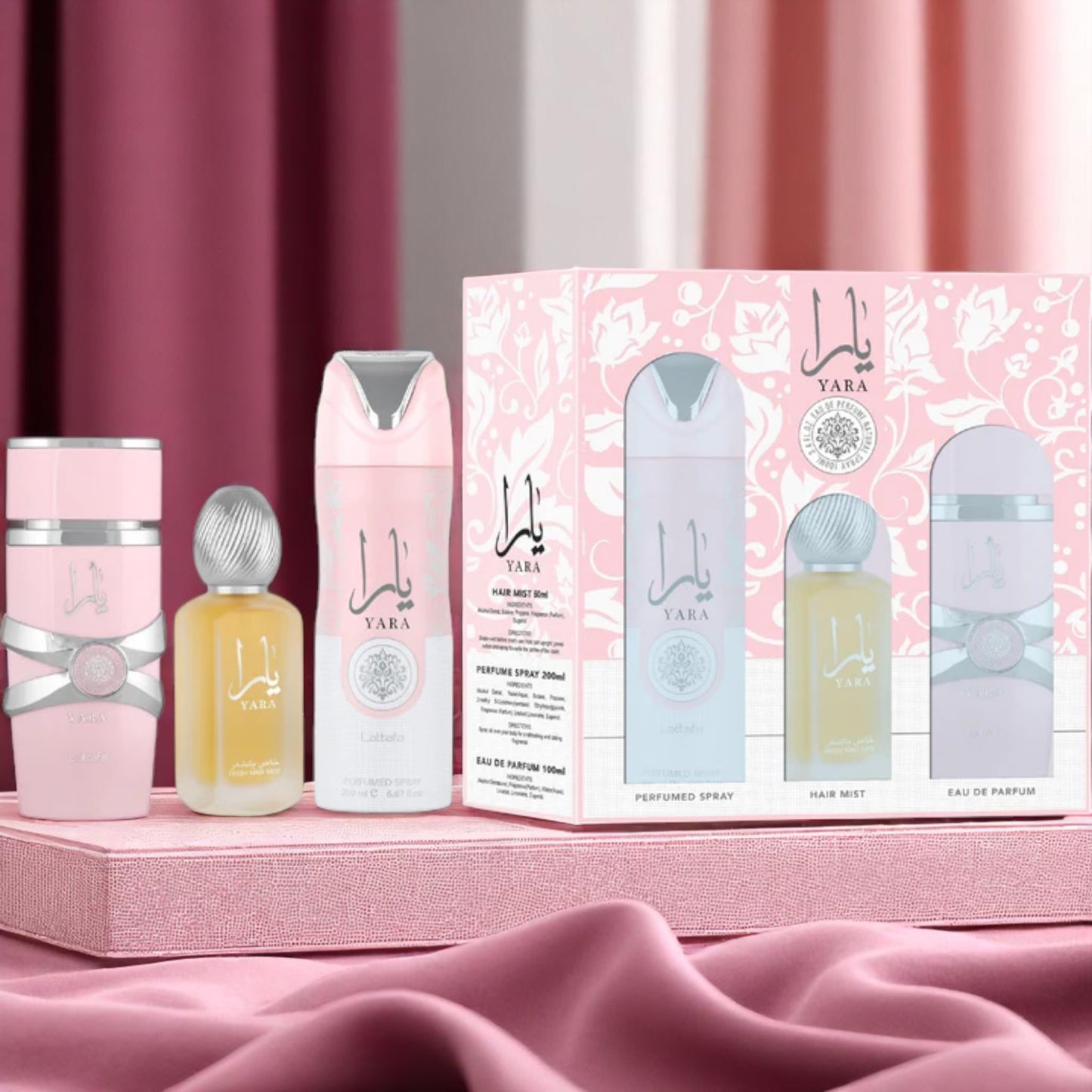 Lattafa Yara 3 Pieces Gift Set for Women - Size: 3.4 oz / 100 ml EDP Spray; 1.7 oz / 50 ml Fresh Hair Mist; 6.67 oz / 200 ml Perfumed Spray
