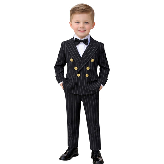 Kids Full Suit -  Double Breast Black White stripes Jacket with Vest, and Pants