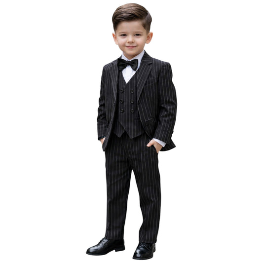 Kids Full Suit -  Black Striped  Jacket, Paired with Vest, and Pants