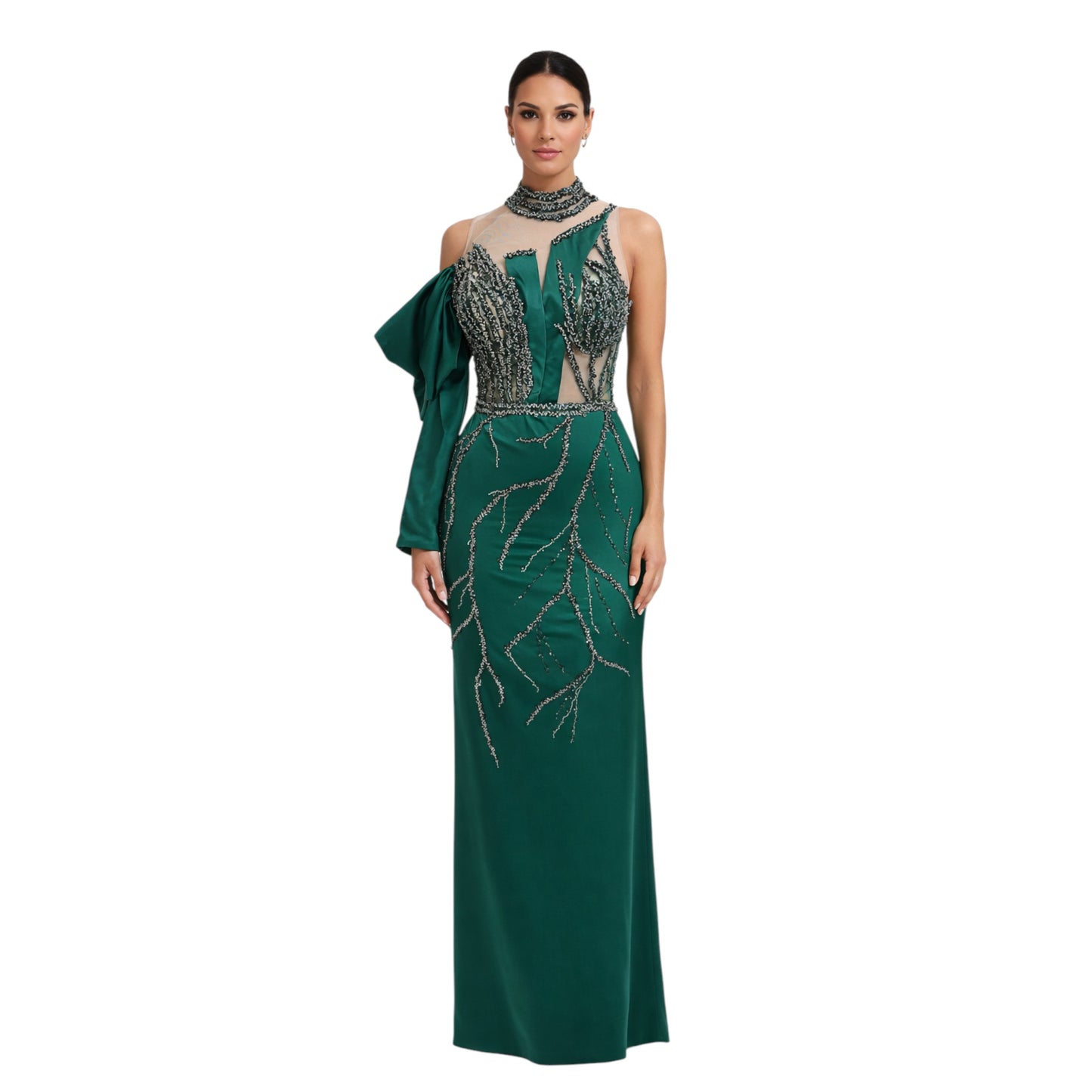 Green Sequenced Dress with  Side Tail