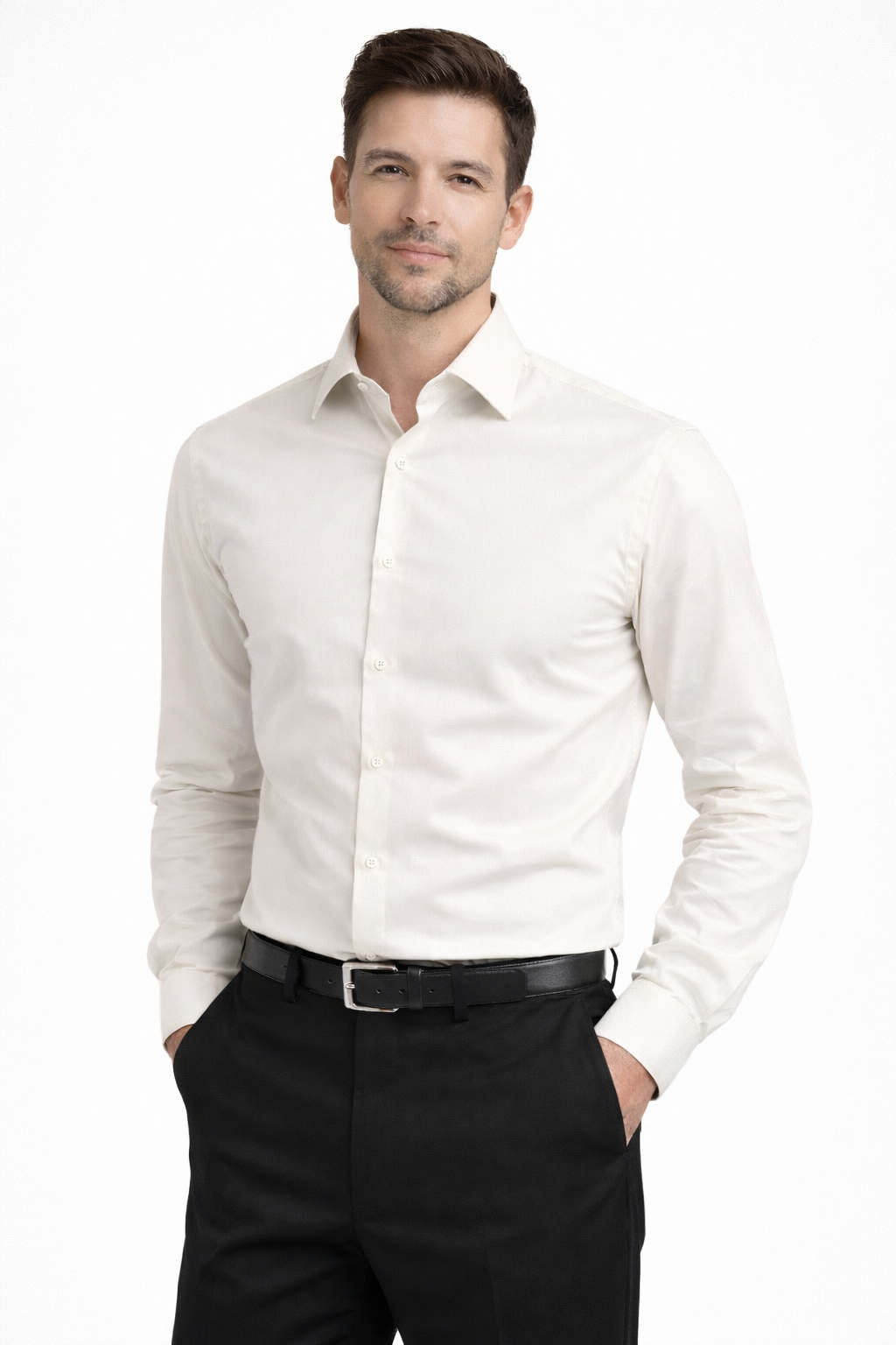 Off White - Men Long Sleeves  Formal Solid, Dress Shirt in Slim Fit  Style