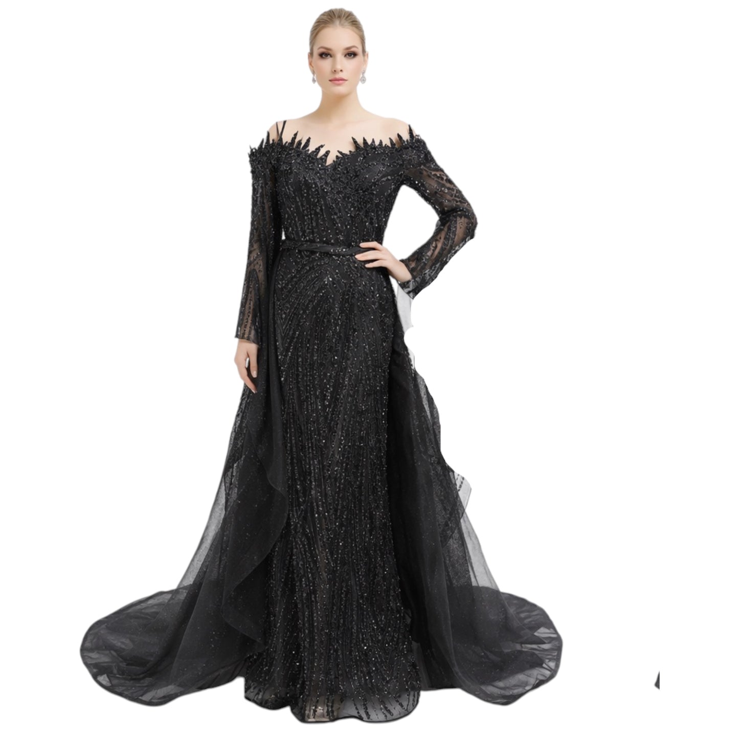 Luxury One of a Kind Black Maxi Dress Detailed with Crystals and Black Sequence