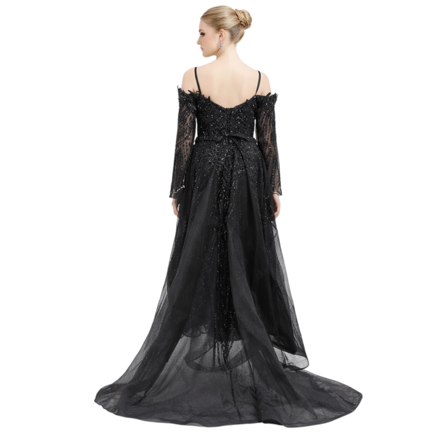 Luxury One of a Kind Black Maxi Dress Detailed with Crystals and Black Sequence
