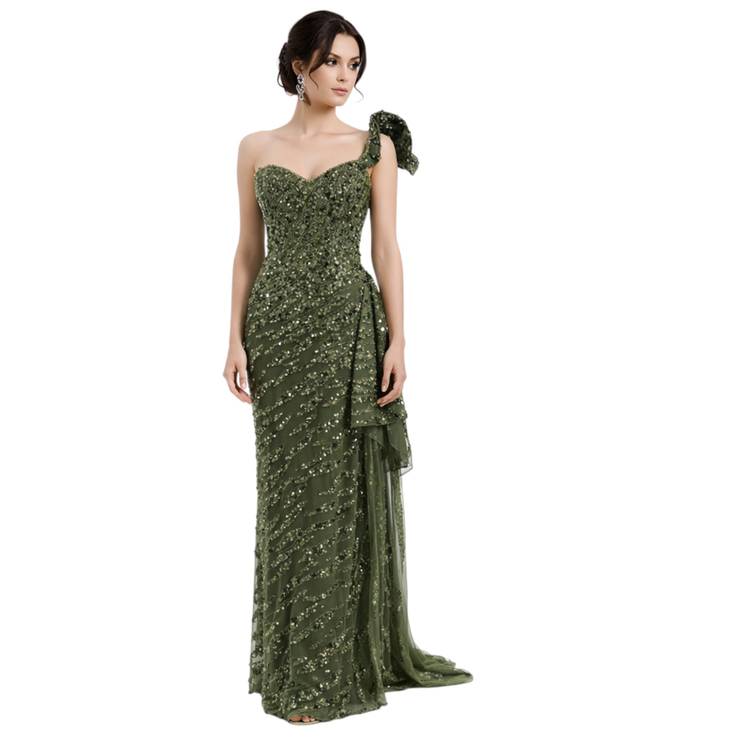 Army Green Sequenced Dress with one shoulder and Side Tail on a Knee high Slit