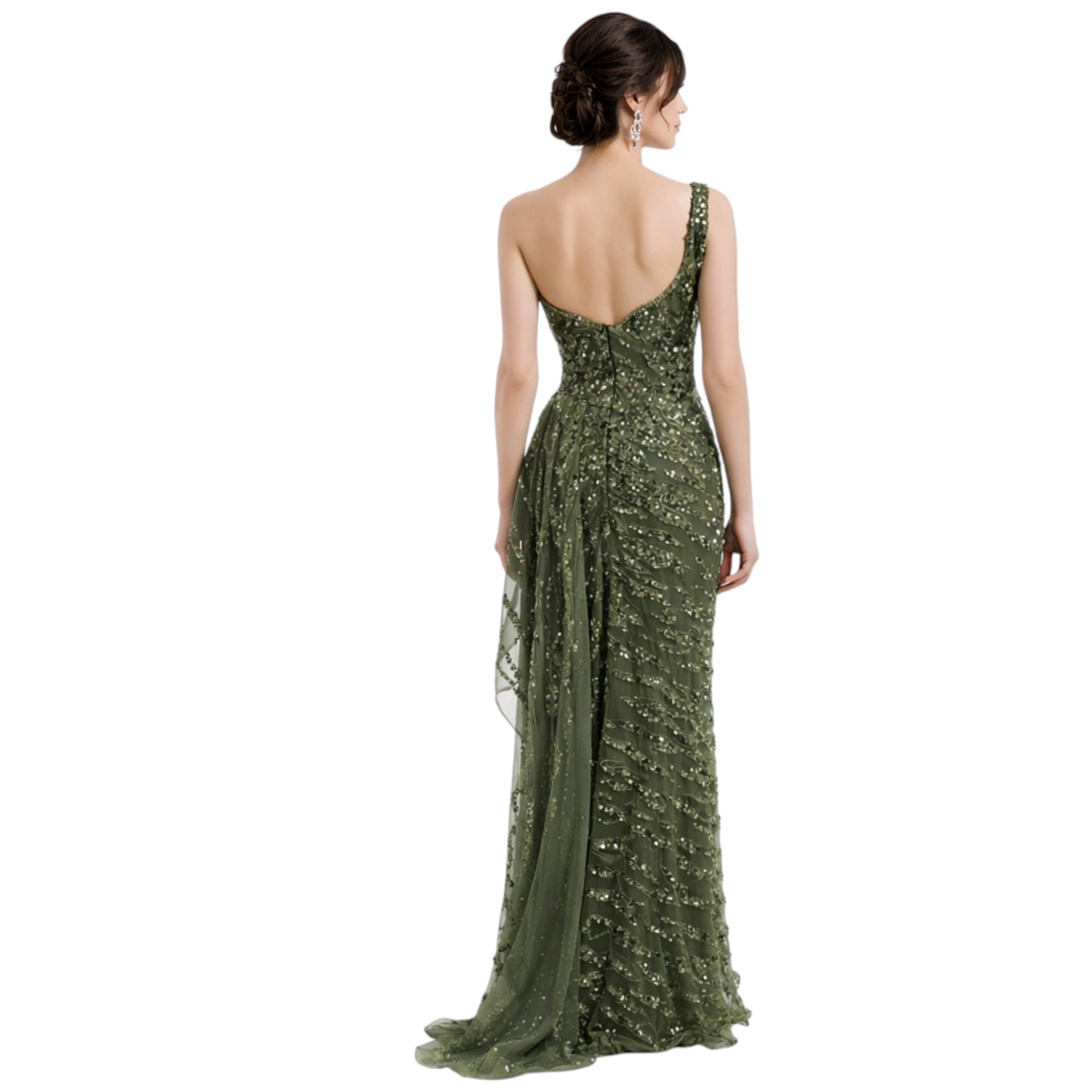 Army Green Sequenced Dress with one shoulder and Side Tail on a Knee high Slit
