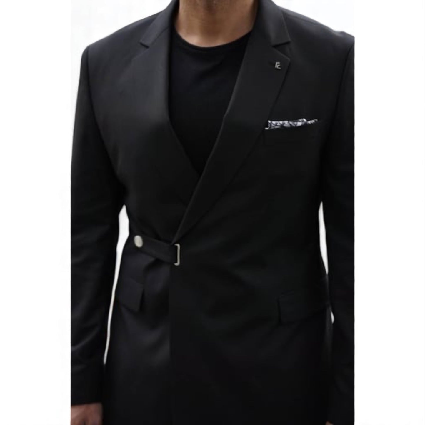 Elegant Slim Fit Black Suit with Strap Belt - High Waisted Pants