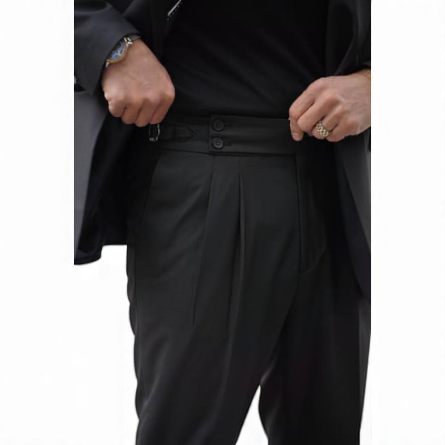 Elegant Slim Fit Black Suit with Strap Belt - High Waisted Pants