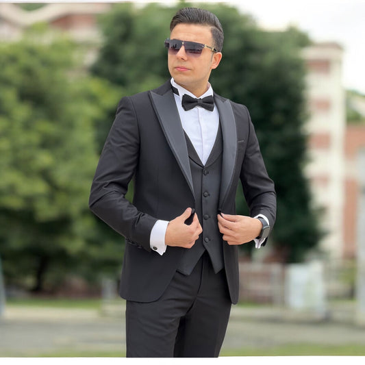 Black Elegant Slim Fit Tuxedo Suit -571- Raad 2025 Tuxedo- 4 Pieces Set Including-Suit, Pants, Vest, and Bowtie/Tie