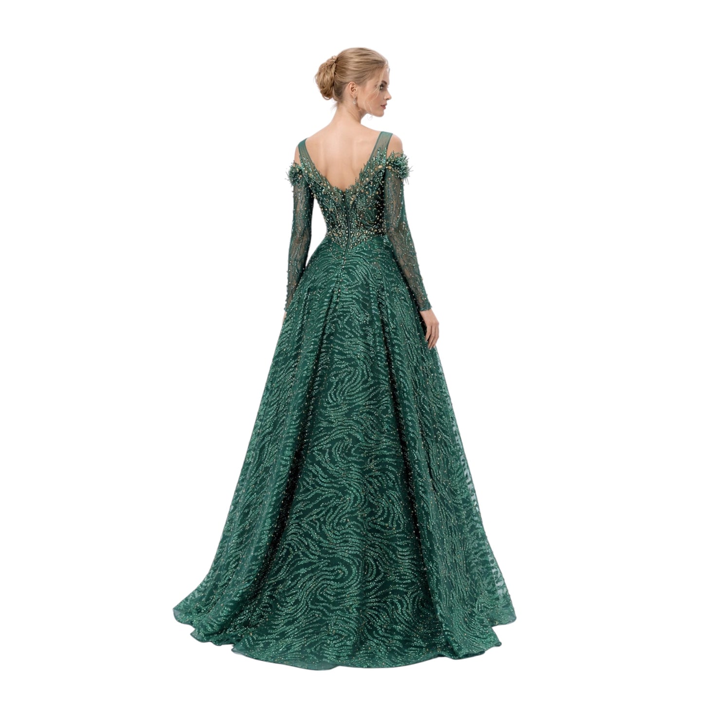 dark green pearled dress with detachable skirt