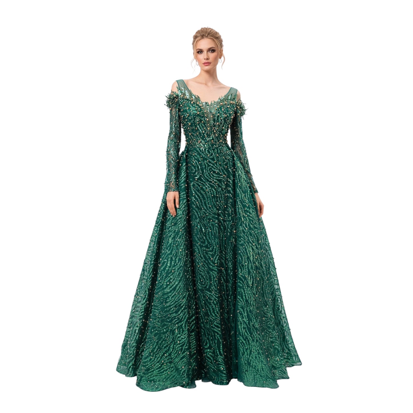dark green pearled dress with detachable skirt