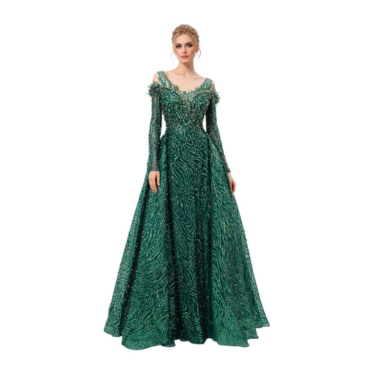 dark green pearled dress with detachable skirt