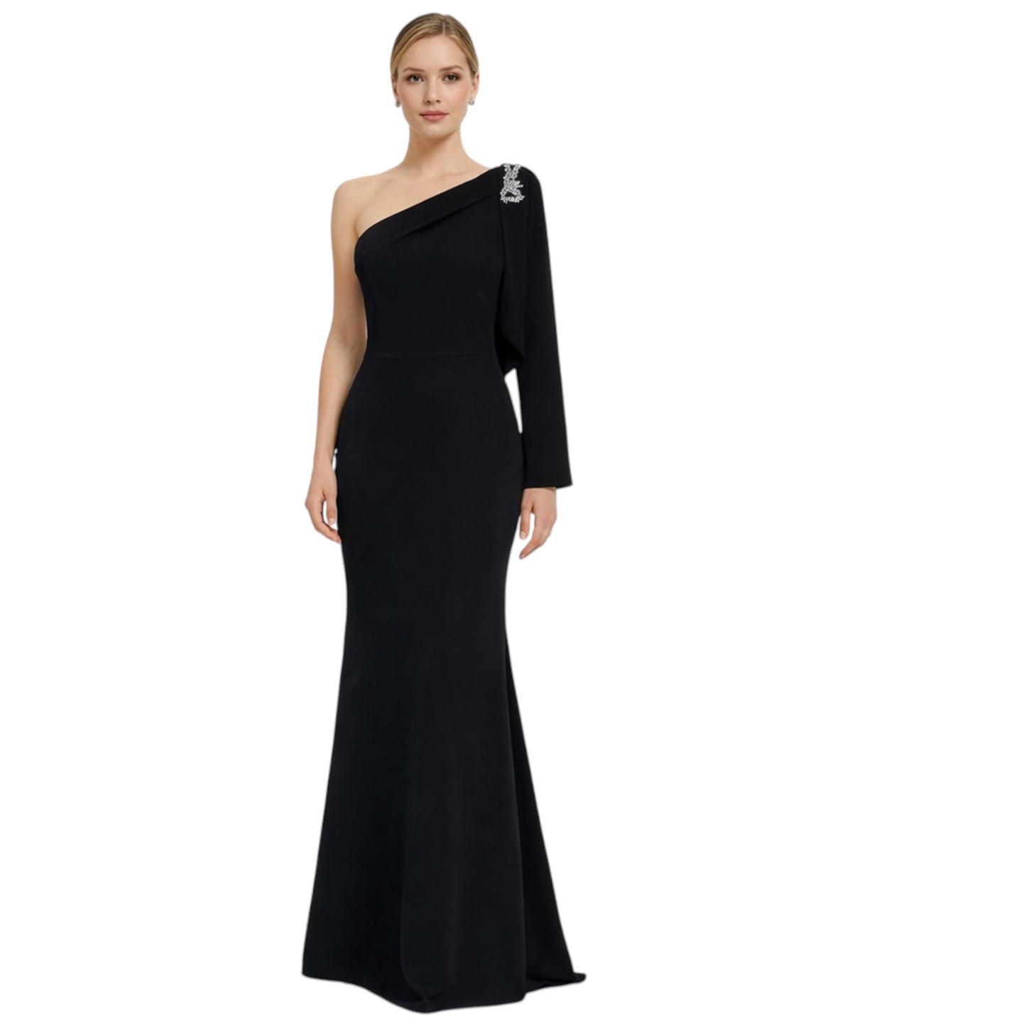 Black One Shoulder Dress with Side Crystals Detailing