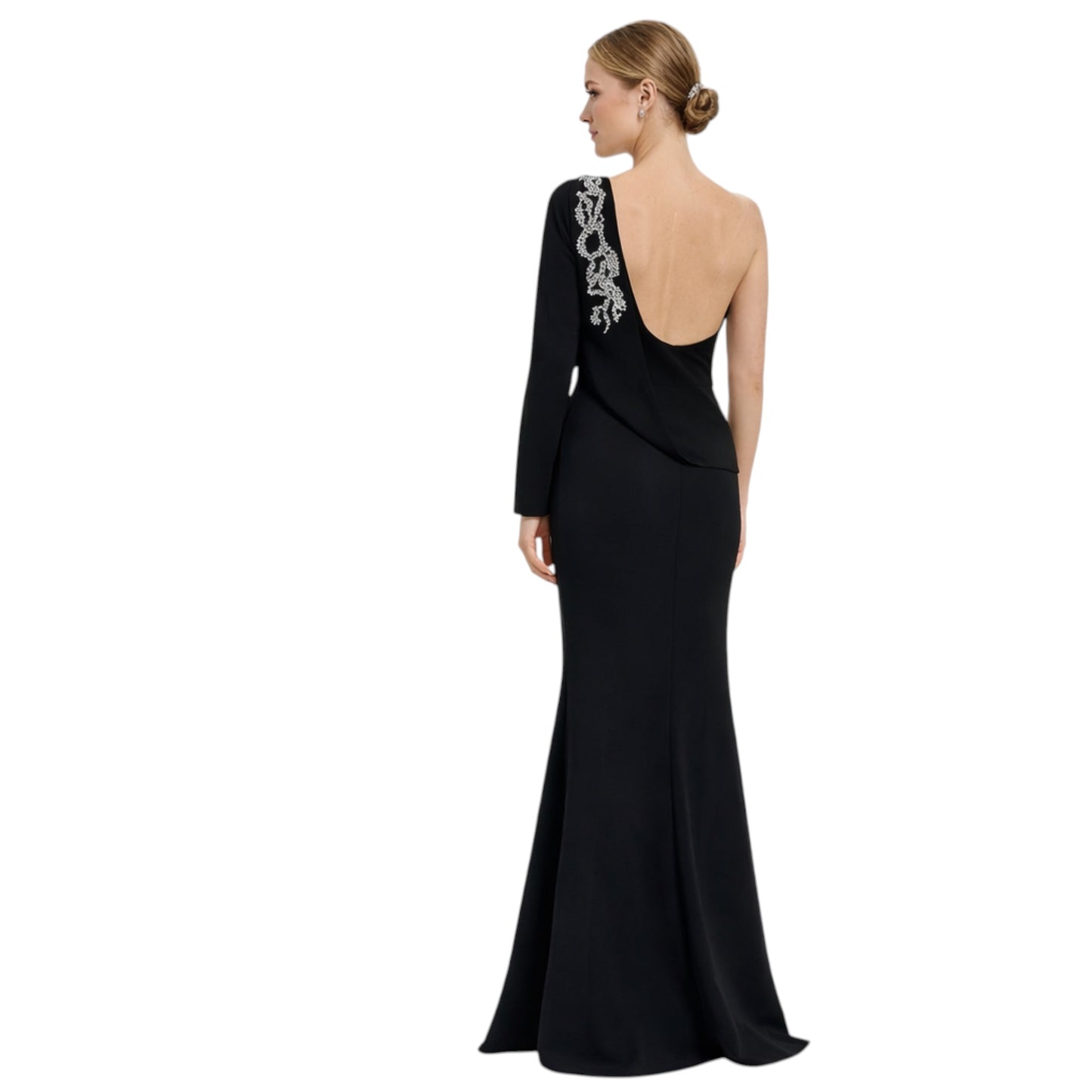 Black One Shoulder Dress with Side Crystals Detailing