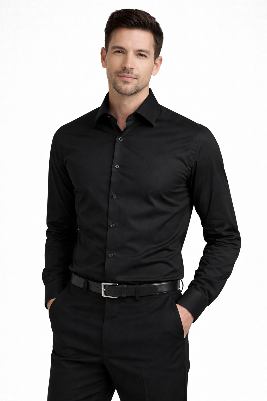 Black - Men Long Sleeves  Formal Solid, Dress Shirt in Slim Fit  Style