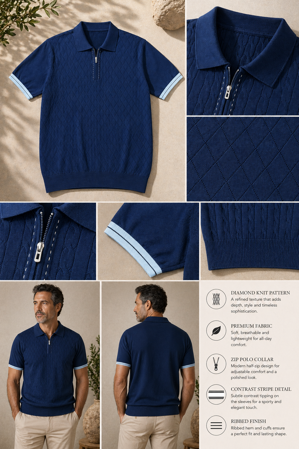 Refined Zip Polo - Navy Blue