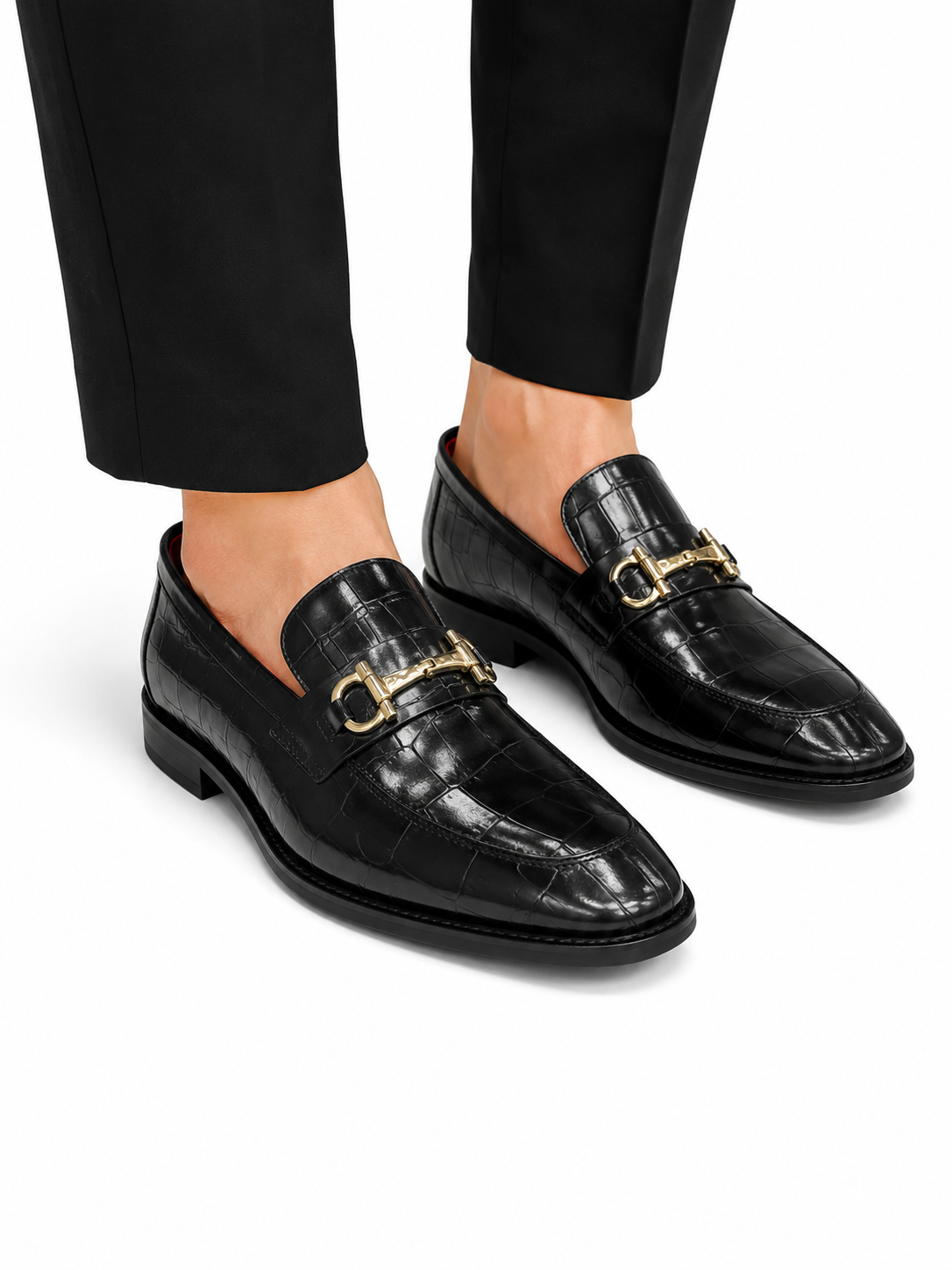 Black Istanbul Fashion by Raad Red Bottom Shoes With Unique Textured Leather with Gold Finish Buckle-1700