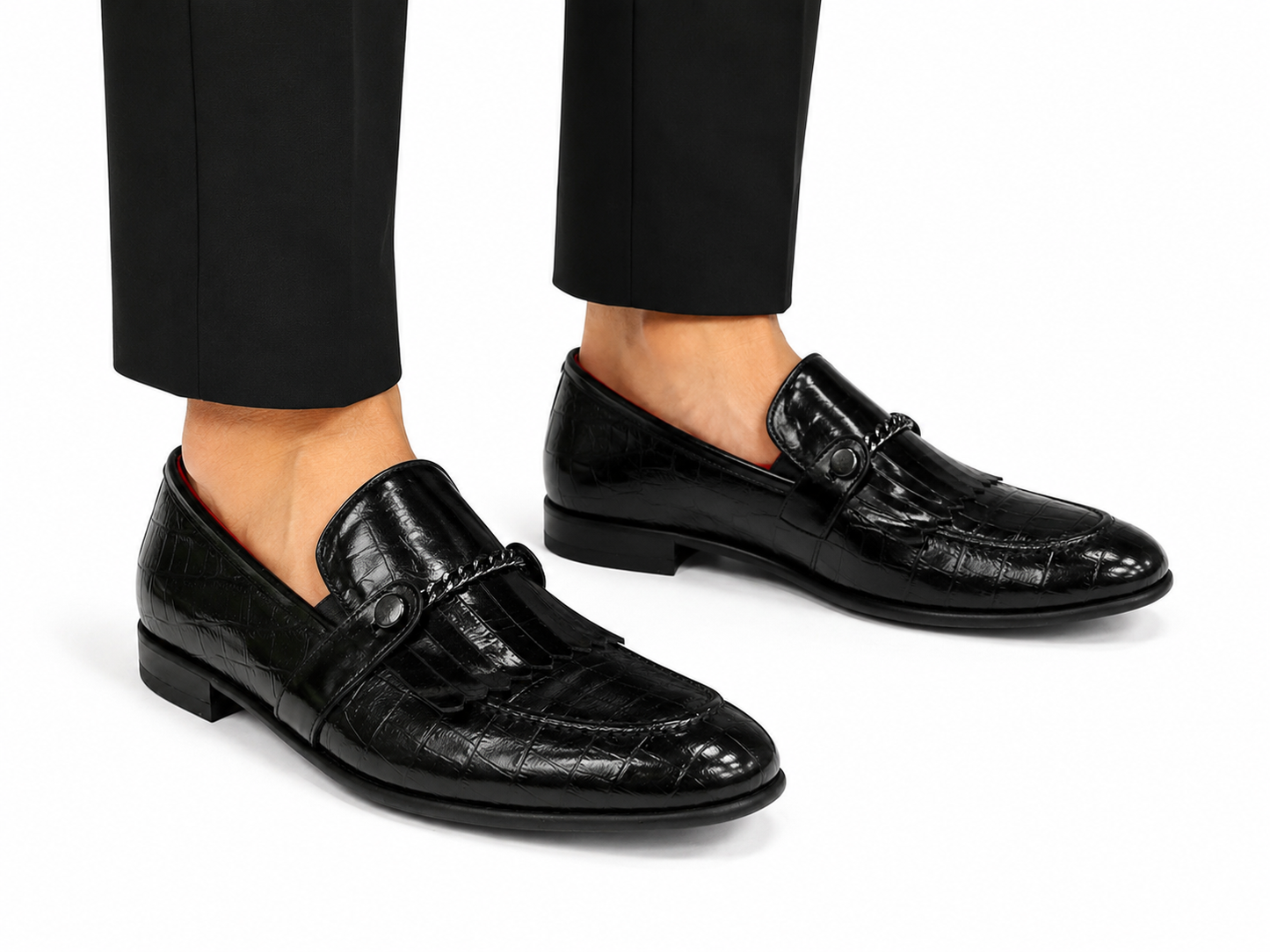 Black Istanbul Fashion by Raad Red Bottom Shoes With Shine Finish and Chrome Chain-3015