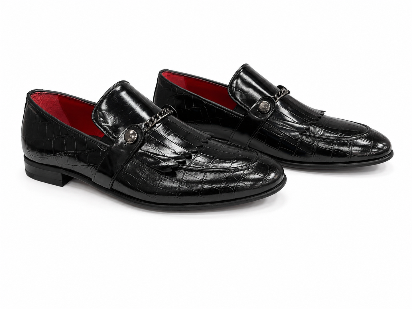 Black Istanbul Fashion by Raad Red Bottom Shoes With Shine Finish and Chrome Chain-3015