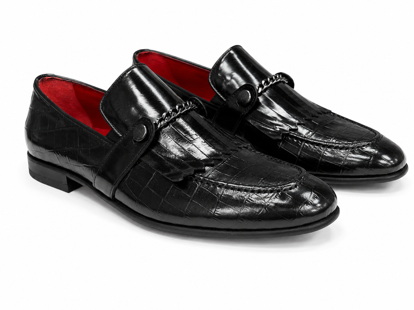 Black Istanbul Fashion by Raad Red Bottom Shoes With Shine Finish and Chrome Chain-3015