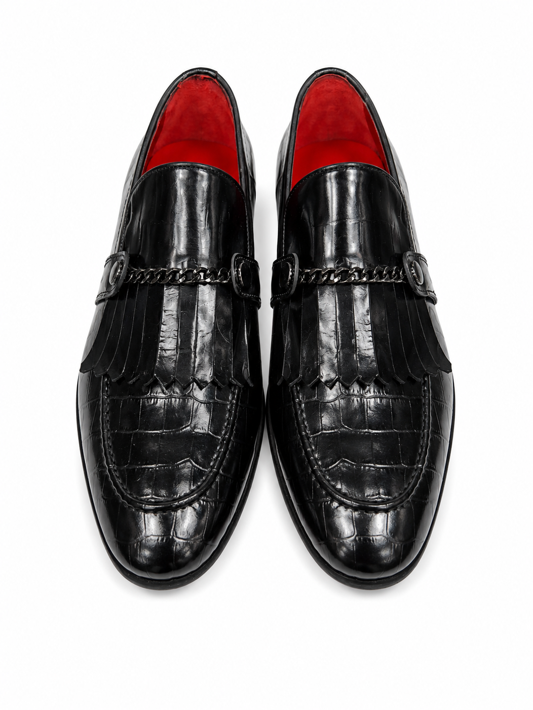Black Istanbul Fashion by Raad Red Bottom Shoes With Shine Finish and Chrome Chain-3015