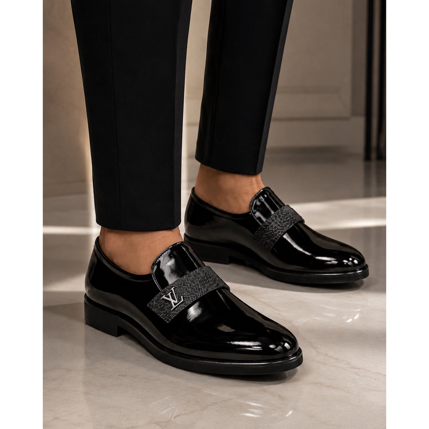 Premium Turkish Leather -  Black Glossy  IF. Shoes Luxury with Unique Details  - 3417