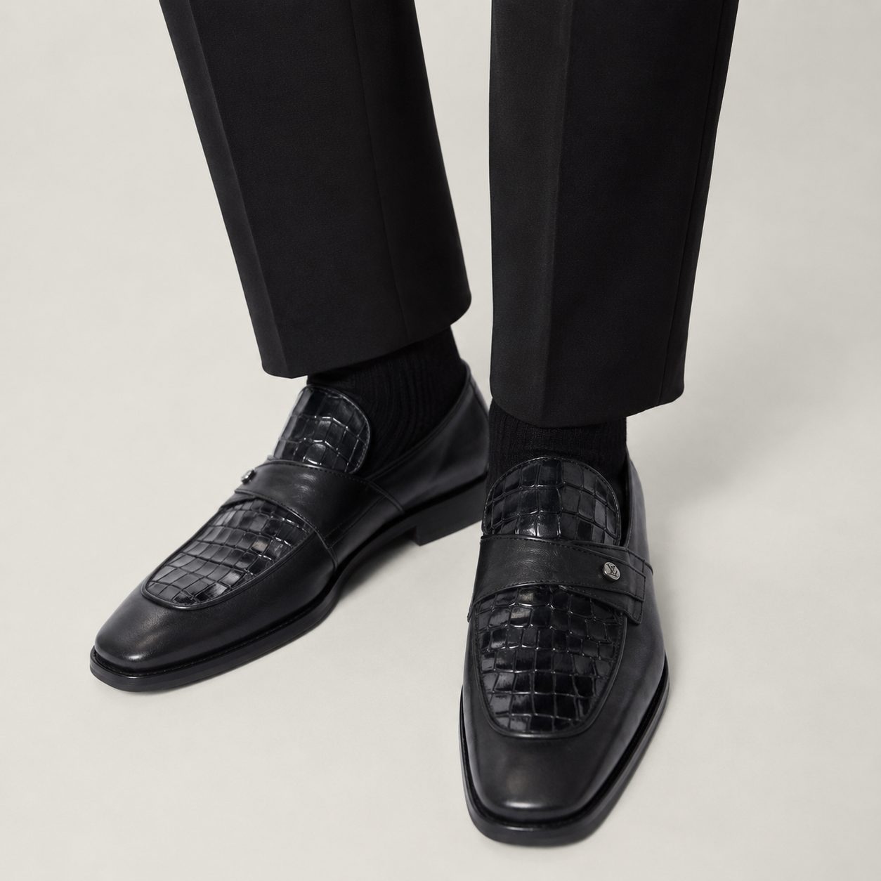 Premium Turkish Leather -  Black IF. Shoes with Different Texture Leather - 8117