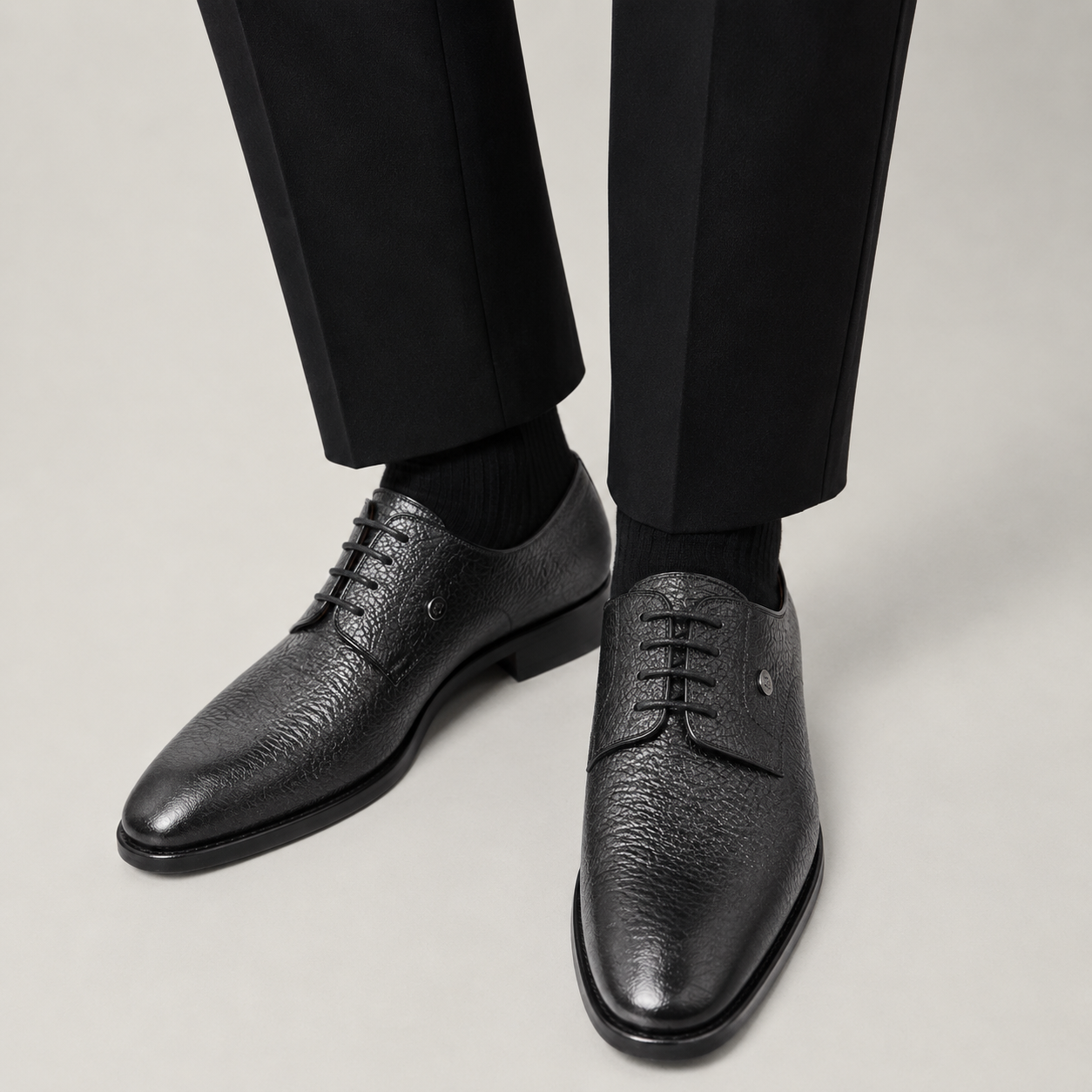Premium Turkish Leather -  Black IF. Shoes with Texture Leather and Lace - 3416