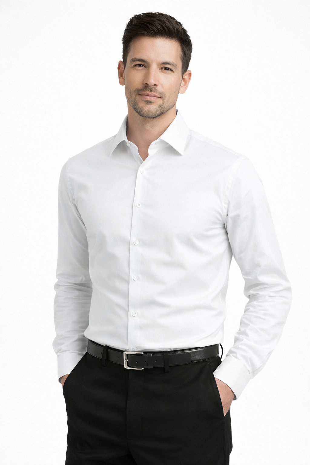 White - Men Long Sleeves  Formal Solid, Dress Shirt in Slim Fit  Style