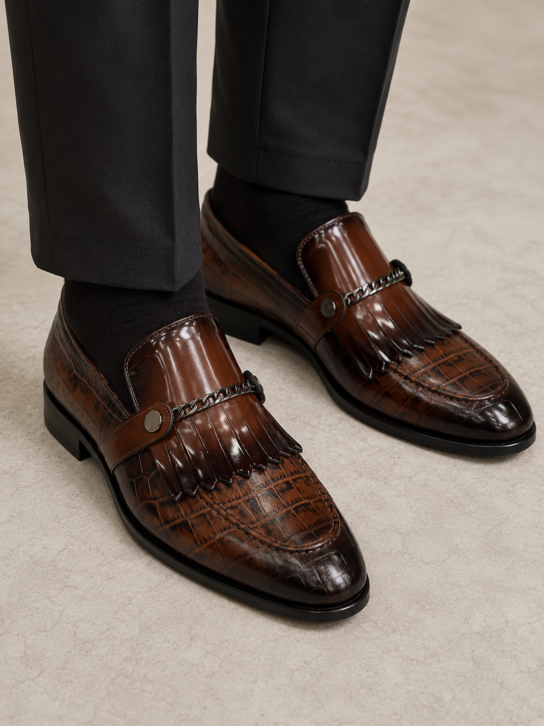 Brown Istanbul Fashion by Raad Red Bottom Leather Shoes With Silver Finish Chain-3015