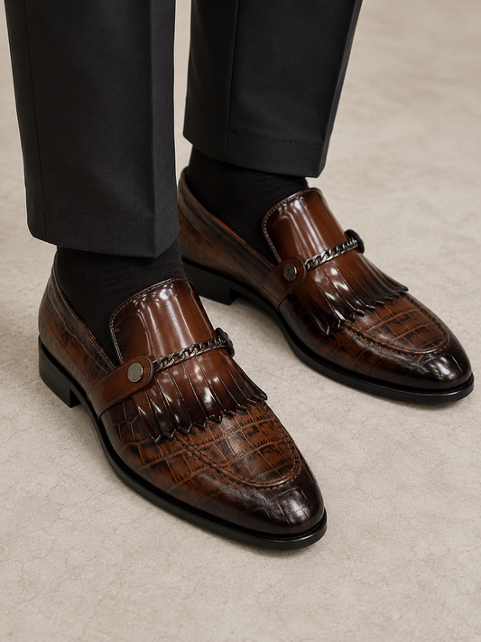 Brown Istanbul Fashion by Raad Red Bottom Leather Shoes With Silver Finish Chain-3015