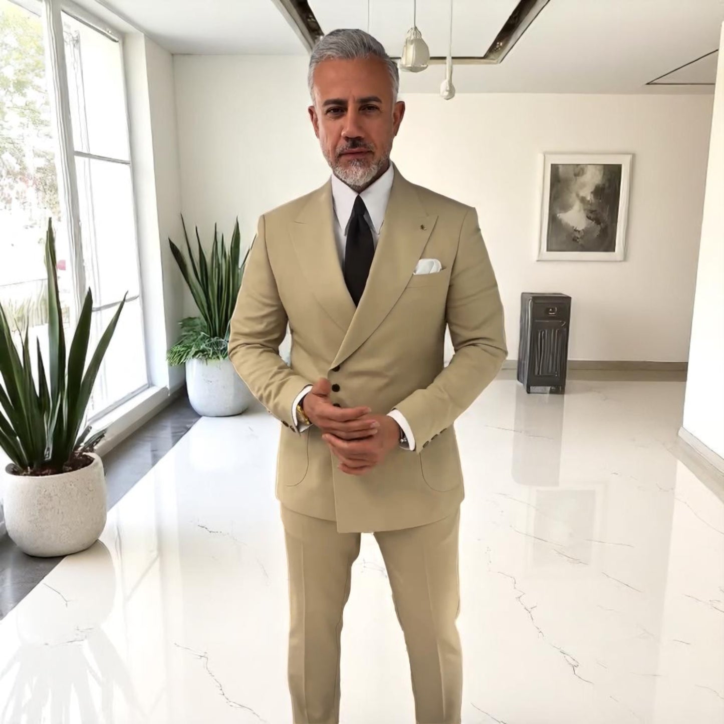 Elegant Slim Fit Tan Suit with Snap On Silver Buttons