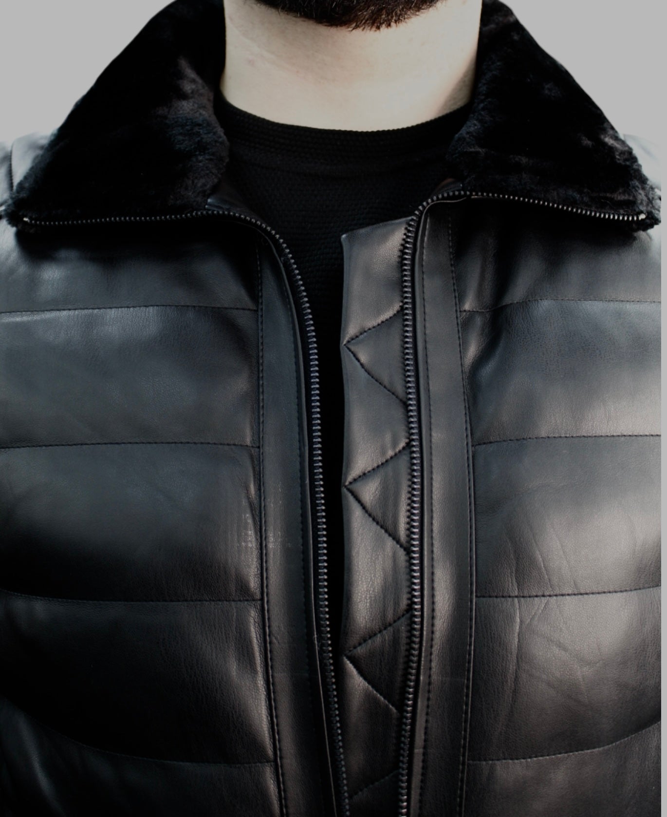 Fashionable  -Black Leather with Furry Details on The Collar  -Winter Jacket