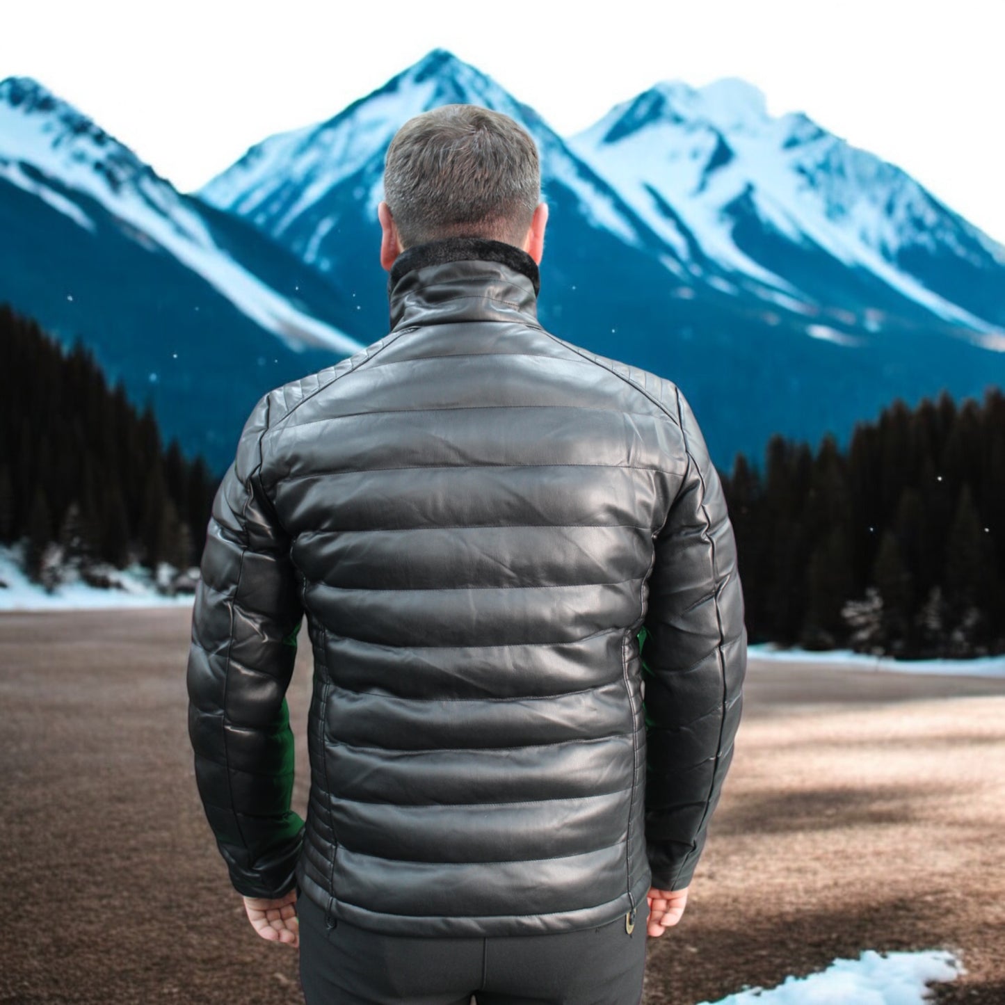 Fashionable  -Black Leather with Furry Details on The Collar  -Winter Jacket