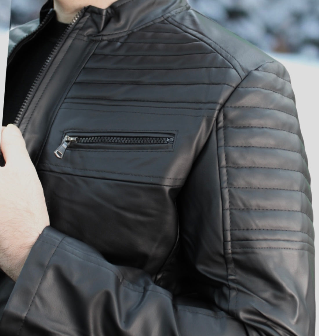 Detailed Shoulders-Upper Pocked-Casual -Black Leather  Winter Jacket