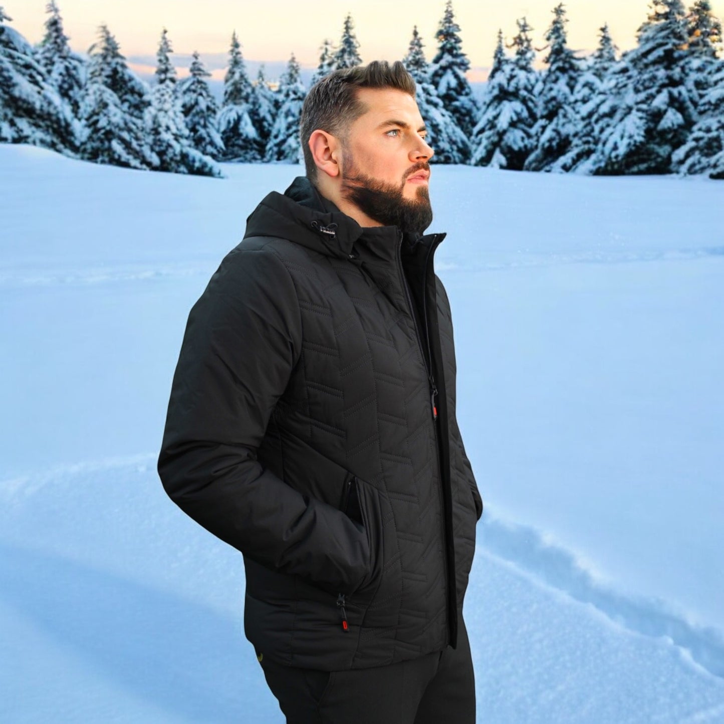 Quilted  -Black  -Winter Jacket with Detachable Hat