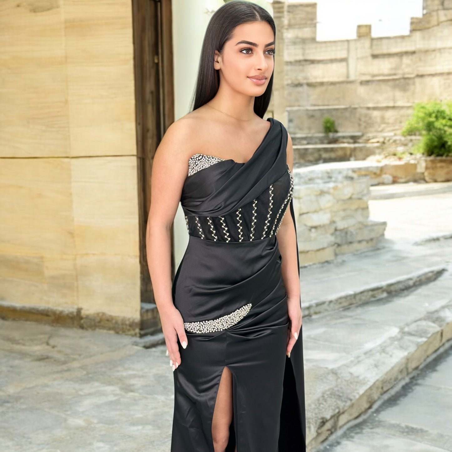 Sexy Black Long Dress- Detailed with Beautiful Satin with Crystals