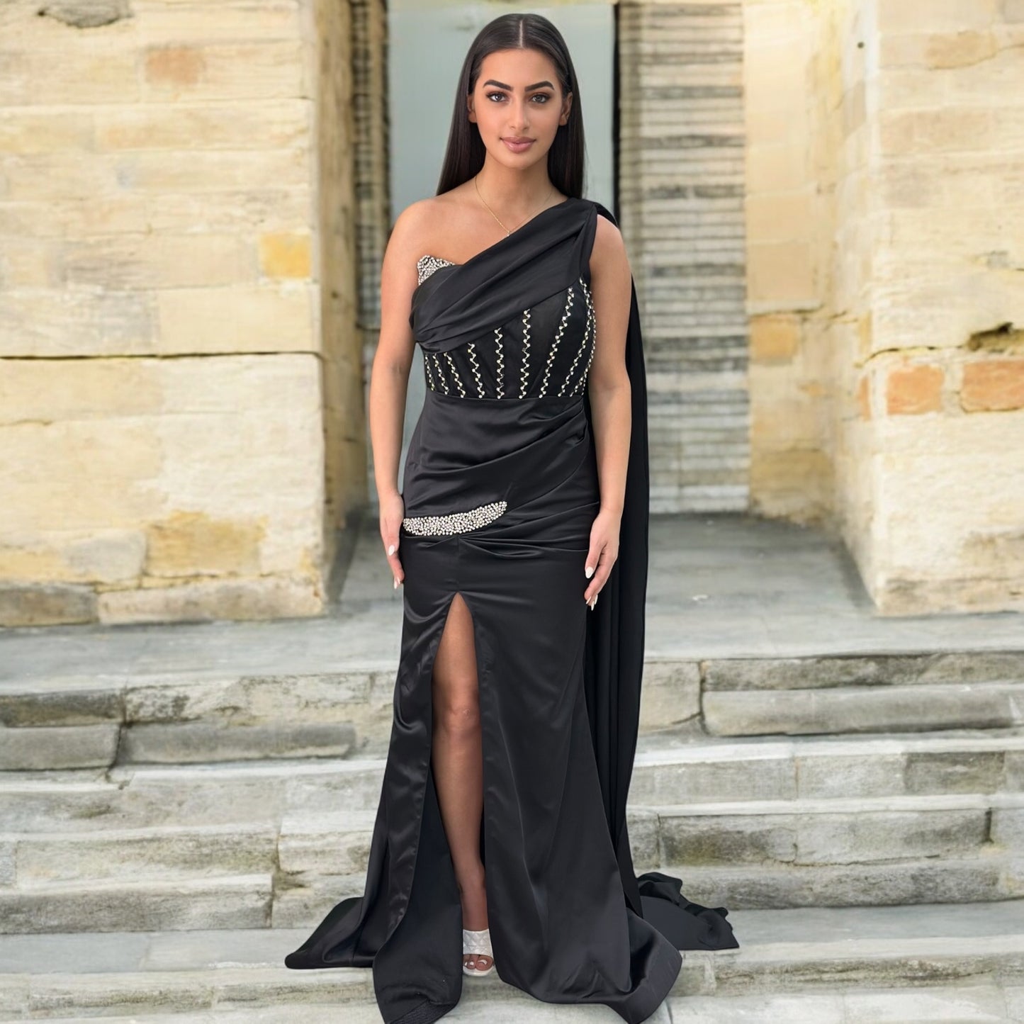 Sexy Black Long Dress- Detailed with Beautiful Satin with Crystals